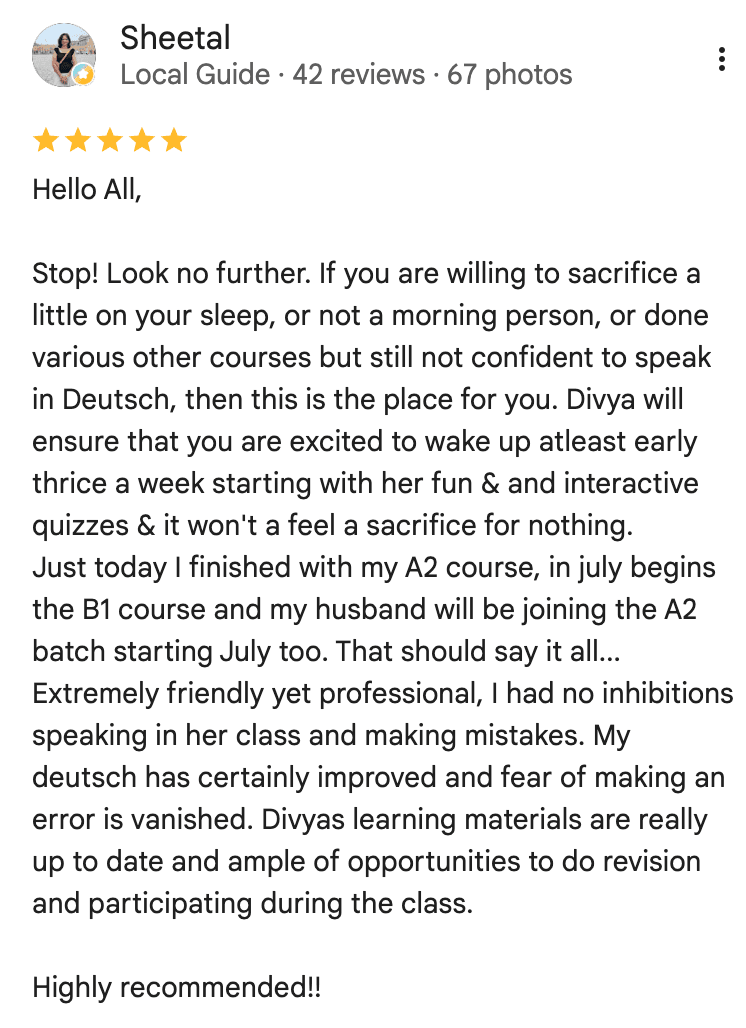 Screenshot of a Google review from a student