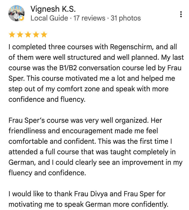Screenshot of a Google review from a student