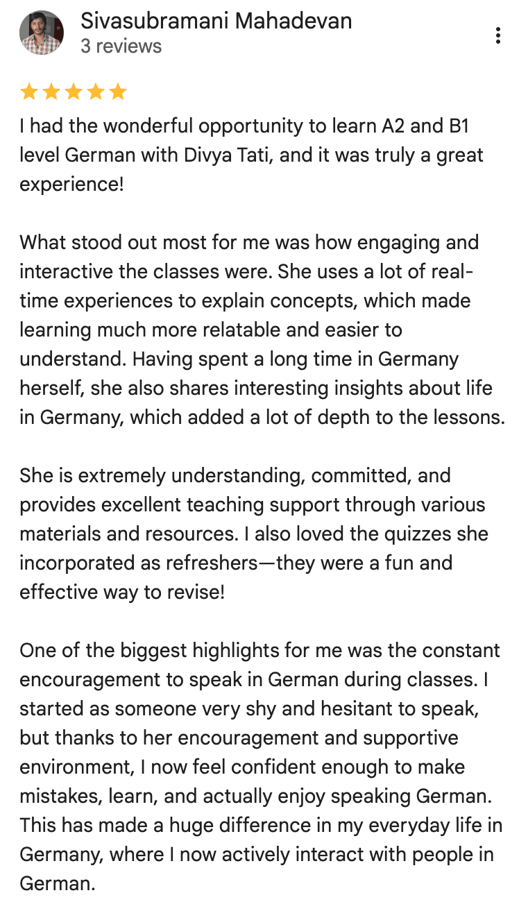 Screenshot of a Google review from a student