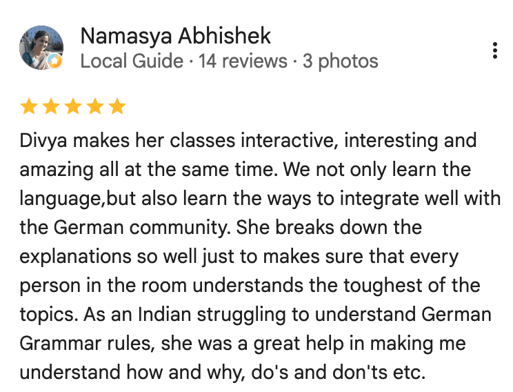 Screenshot of a Google review from a student