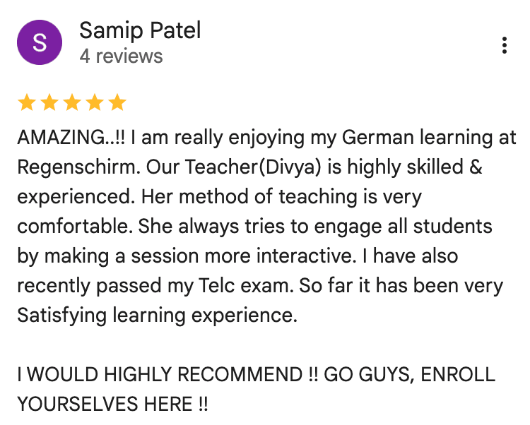 Screenshot of a Google review from a student