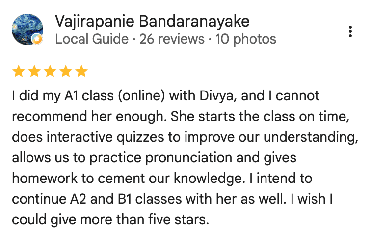 Screenshot of a Google review from a student