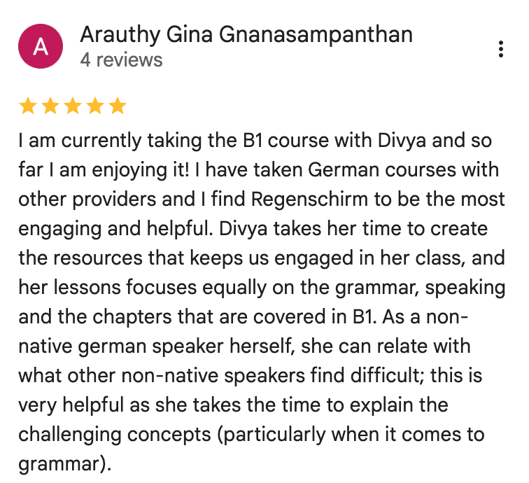Screenshot of a Google review from a student